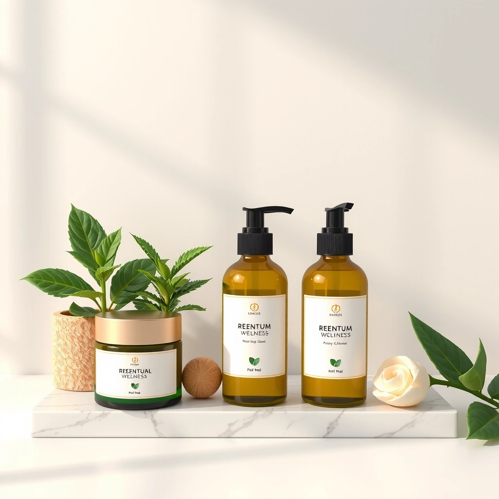 Natural wellness products arrangement with botanical elements